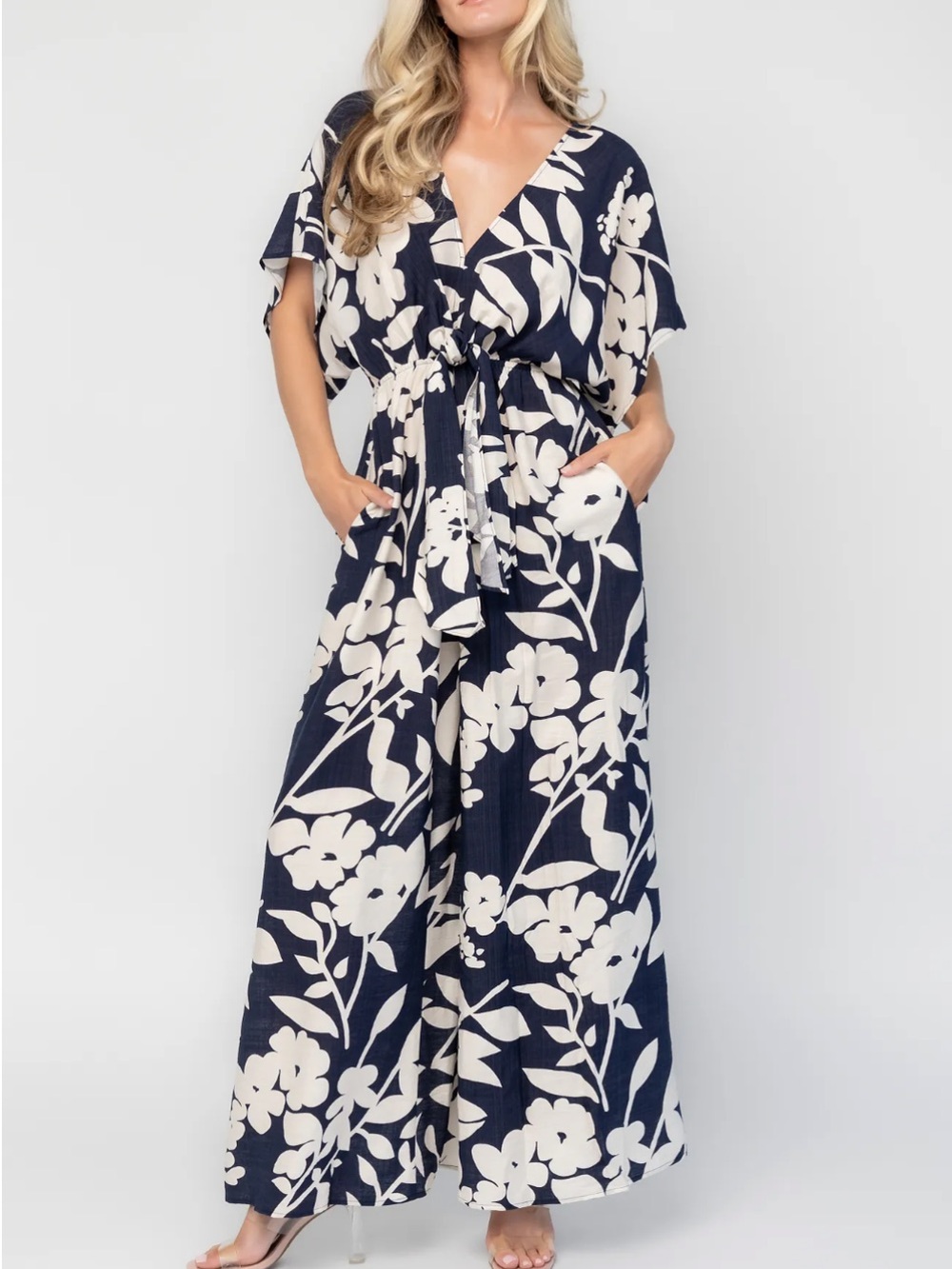 NEW! Baltic Born Navy & Cream Floral Tie-Waist Wide-Leg Jumpsuit | Size M